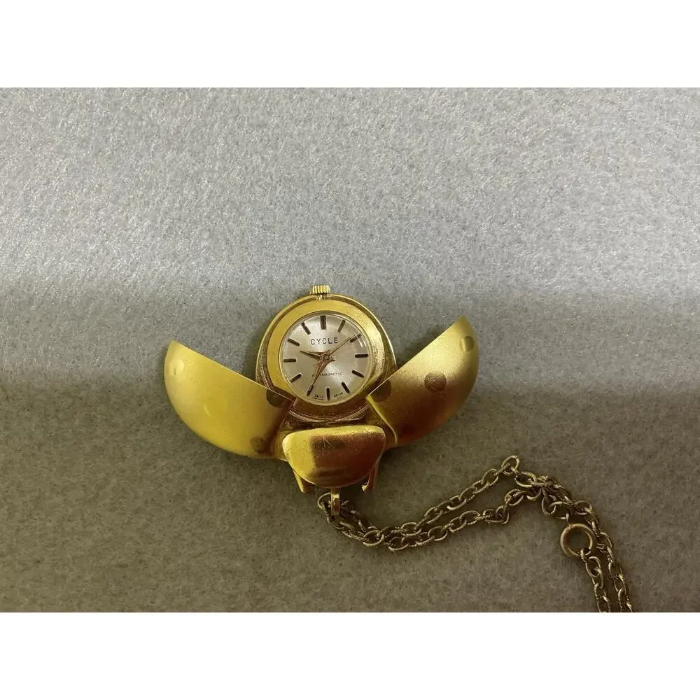 Vintage Cycle Watch Pendant‎ Gold Tone Beetle Gold Tone Chain